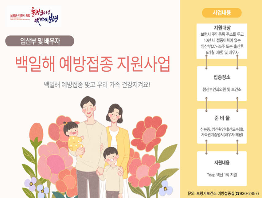 임산부 및 배우자 백일해 예방접종 지원사업 지원대상: 보령시 주민등록 주소를 두고 10년 내 접종이력이 없는 임산부(27~36주 또는 출산 후 6개월 미만) 및 배우자 접종장소: 참산부인과의원 및 보건소 준 비 물: 신분증, 임신확인서(산모수첩), 가족관계증명서(배우자 해당) 지원내용: Tdap 백신 1회 지원<br/><br/>문의: 보령시보건소 예방접종실(☎930-2457)